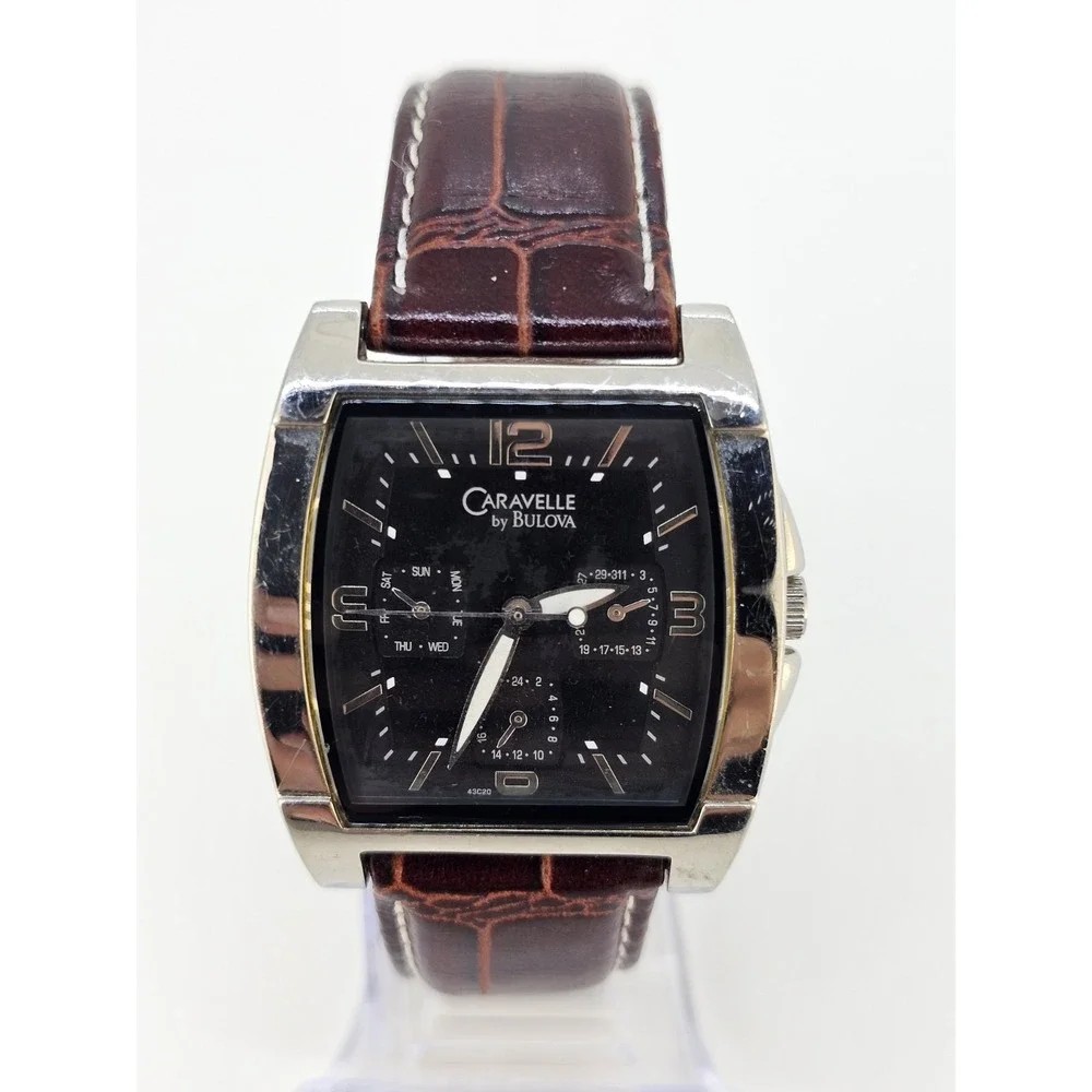 Caravelle Bulova Men's Watch 38MM Black Dial Brown Leather Bands New Battery